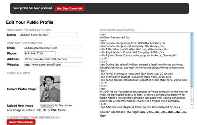 Screenshot of editing a user's public profile